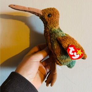Ty Beanie Bird Kiwi Plush in Brown and Green with Red Tag